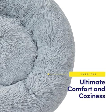 Dog & Cat Bed: Round Faux Fur Pet Bed - Plush, Cozy, & Calming Donut Bed for Large Pets - Soft & Comfortable Sleeping Cushion for Napping & Lounging, 30" Round, Silver