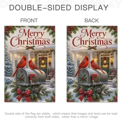 Merry Christmas Garden Flag 12x18 Inch Cardinal Pair Snowy Mailbox Holly Berry Pinecone Wreath Classic Winter Outdoor Yard Lawn Front Porch Welcome Double Sided Banner Decor