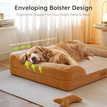 CWAWZ XXL Dog Bed for Extra Large Dogs, Giant Orthopedic Dog Bed with Cooling Gel Memory Foam, Waterproof Pet Bed with Removable Washable Cover, 53" Pet Sofa Bed Dutch Velvet with Bone Toy, Brown