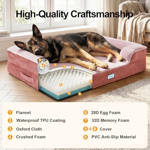 OhGeni Orthopedic Extra Large Dog Bed Couch, Memory Foam, 44-inch (Pink)