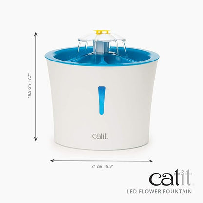Catit LED Flower Fountain with Triple Action Filter, 3 L, Blue | Cat Drinking Water Fountain