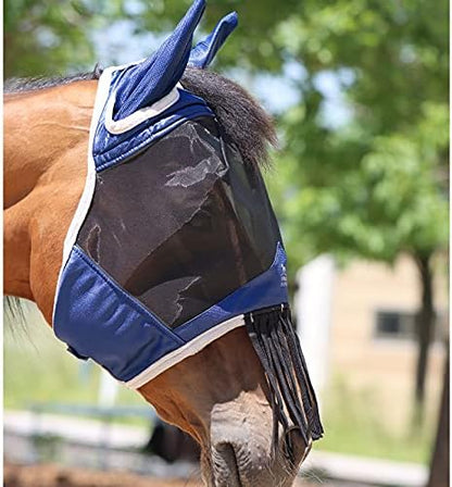 Harrison Howard CareMaster Horse Fly mask with Ears and Nose Fringe Fly Protector Defender Mask Navy M Cob
