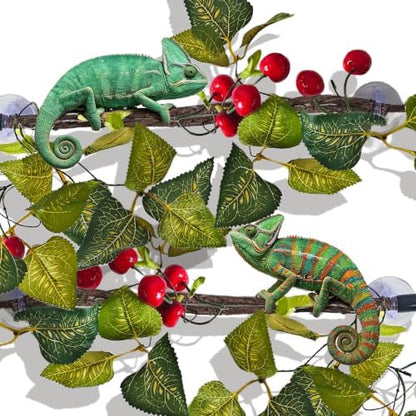 BNOSDM 2PCS Reptile Climbing Branch, Bendable Jungle Vine with Leaves Terrarium Plant Decoration with Suction Cup Chameleon Cage Accessories for Gecko Lizard Bearded Dragons Snake (Cherry)