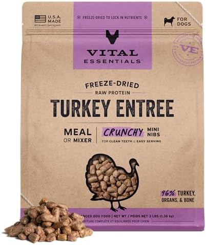 Vital Essentials Freeze Dried Dog Food, Turkey Mini Nibs, 3 lb Big Bag