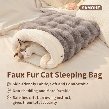 SOMAHE Cat Sleeping Bag for Indoor Cats, Faux Fur Pet Cave Bed & Burrow Nest, Reversible Plush Snuggle Sack, Portable Foldable Mat, Machine Washable, Anti-Static, 21.7"x17.7" Beige