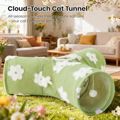Tempcore Cat Tunnel, 3-Way Collapsible Toy for Indoor Cats, Daisy Green