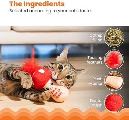 Catstages A Really Fungi Cat Kicker Toy with Catnip and Dental Mesh, Mushroom Shape, Plush and Feather Cat Toy for Kicking, Tossing, and Teeth Cleaning, Red