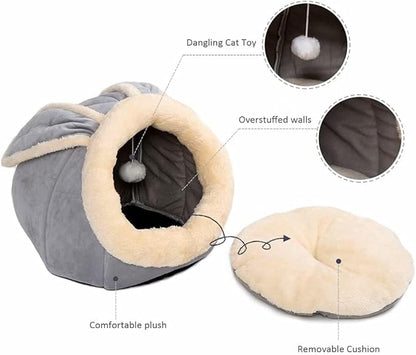 Cat Beds for Indoor Cats - Small Dog Bed with Anti-Slip Bottom, Rabbit-Shaped Cat/Small Dog Cave with Hanging Toy, Puppy Bed with Removable Cotton Pad, Super Soft Calming Pet Sofa Bed (Grey L)