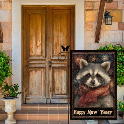 Happy New Year Garden Flag 12x18 Double Sided Vertical Linen Small Fireworks Raccoon House Flag Welcome Holiday Winter House Outdoor Outside Decorations (27168)
