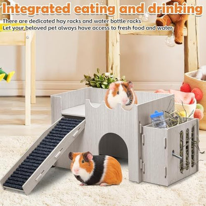 PINVNBY Large Wooden Guinea Pig Hideout with Water and Hay Feeder Ramp Easy to Assemble Wood Bunny Castle Hamster House for Small Animal Chinchilla Rat Rabbit Bunny Hedgehog