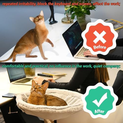 Round Cat Desk Bed, Space Saving Elevated Pet Hammock for 40lbs Cats, All-Season Office Workspace Cat Seat, Sturdy Desk Mounted Bed with Washable Breathable Fabric, 360 View Hammock