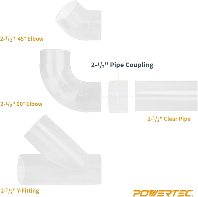 POWERTEC 70469 Clear PVC Pipe 2-1/2" x 36" Long, 2-1/2" OD 90 Degree Elbow and 2-1/2" Pipe Coupling for Dust Collection Hose & Fittings