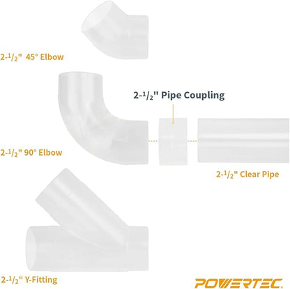 POWERTEC 70469 Clear PVC Pipe 2-1/2" x 36" Long, 2-1/2" OD 90 Degree Elbow and 2-1/2" Pipe Coupling for Dust Collection Hose & Fittings