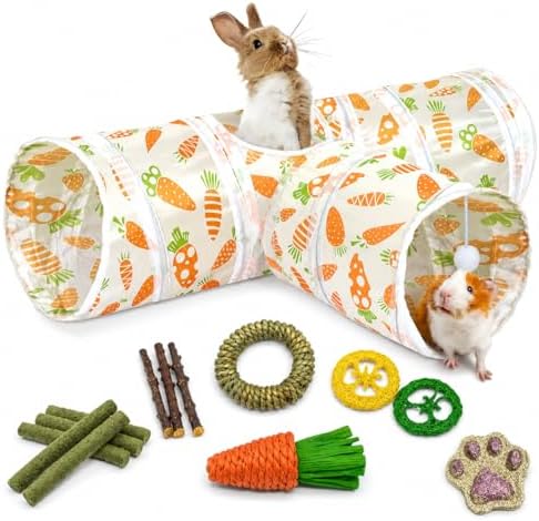 Rabbit Tunnel Toy, Collapsible 3-Way Hideout Tunnel with Chew Toys for Rabbits, Guinea Pigs, Ferrets, Kittens & Small Pets - Orange & White Carrot Design (33"x20"x9.5")