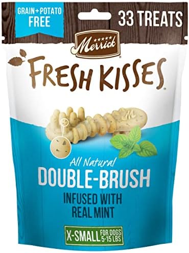 Merrick Fresh Kisses Natural Dental Chews Toothbrush Treat Shape Infused With Real Mint For Tiny Dogs 5-15 Lbs - 33 ct. Bag
