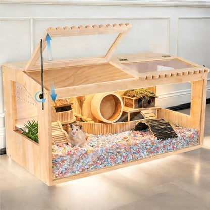 Wooden Hamster Cage,48"x20"Large Hamster Cage,2 Washable Liners & 2 Adjustable Ventilation Window. Small Animal Cage for Dwarf Syrian Hamsters Degus Mice & Other Small Pets.