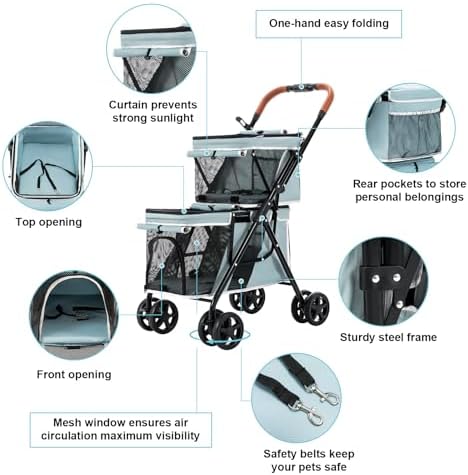 Double Pet Stroller for 2 Dogs & Cats, Double-Decker, Blue