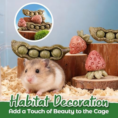 TEEWY 4PCS Guinea Pig Toys, Prevent Teeth Overgrowth, Natural Vegetables and Timothy Grass, Hamster Chew Toys, Guinea Pig Chew Toys, Chinchilla Toys, Peapod and Stawberry Chew Toy Set