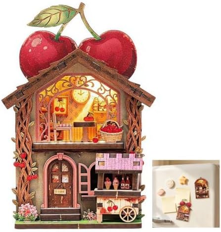 DIY Miniature Wooden House Model Fridge Magnet Kit, Magnet Building Cheray Doll House Mini Kits with Led Light for Refrigerator & Desk Bookshelf Decor, for Adults,Beginners, 3D Puzzles Crafts Gifts