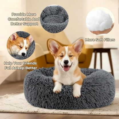 Calming Large Donut Dog and Cat Bed, Anti-Anxiety Round Soft Fluffy Plush Faux Fur Washable Anti-Slip Pet Bed for Medium Dogs Up to 35 lbs 28in Dark Gray