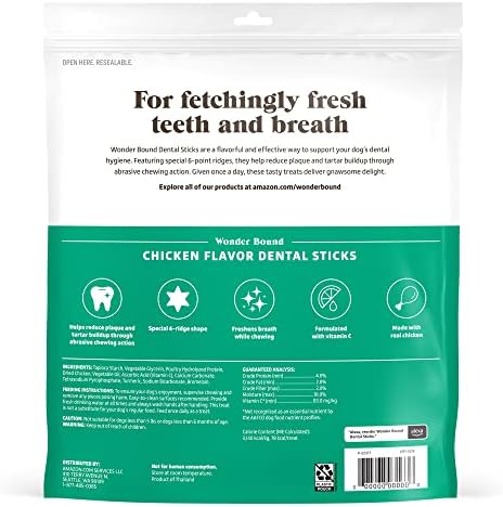 Amazon Brand - Wonder Bound Chicken Flavor Dental Sticks for Large Dogs (Over 30 lbs), 6-Ridge Shape for Plaque & Tartar Control, Freshens Breath, Made With Real Chicken, 40 Count (Pack of 1)
