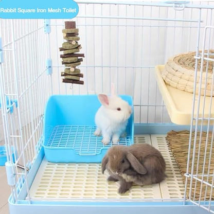 Rabbit Litter Box Bunny Potty Box Guinea Pig Hay Rack Feeder Rabbits Corner Litter Pan Potty Trainer Pet Toilet with Cleaning Set for Hamster, Guinea Pig, Ferret and Other Animals (Blue)