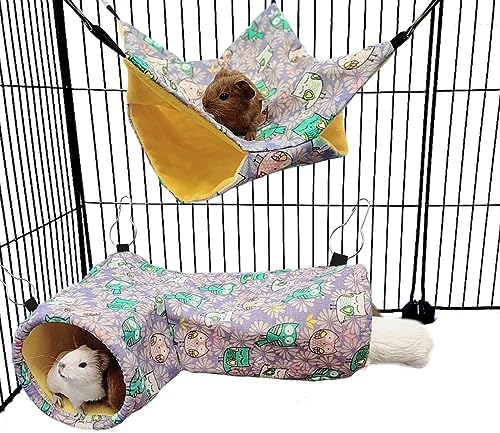 Guinea Pig Rat Tunnel Ferret Hammock, Small Animal Corner Tunnel & Tubes & Bed for Hedgehog Piggy Chinchilla Hideout Toys and Cage Accessories (3.Hammock&Tunnel, Owl)