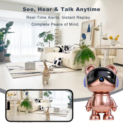 3K Indoor Security Camera Robot, Rose Gold Bear Baby Monitor and Pet Camera