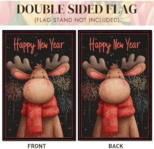Happy New Year Garden Flag 12x18 Double Sided Vertical Linen Small Fireworks Moose House Flag Welcome Holiday Winter House Outdoor Outside Decorations (27178)
