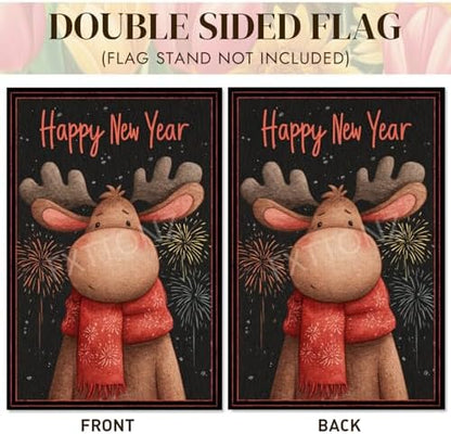 Happy New Year Garden Flag 12x18 Double Sided Vertical Linen Small Fireworks Moose House Flag Welcome Holiday Winter House Outdoor Outside Decorations (27178)