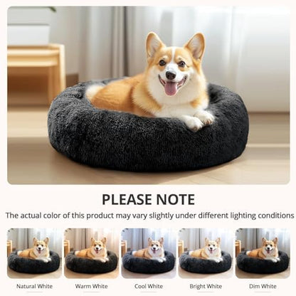 JOLLYVOGUE Calming Dog Bed Medium Size Dog, 31in Donut Washable Medium Pet Bed, Anti-Slip & Anti-Anxiety Fluffy Faux Fur Round Dogs Bed, Fits up to 45 lbs Pets (Black)