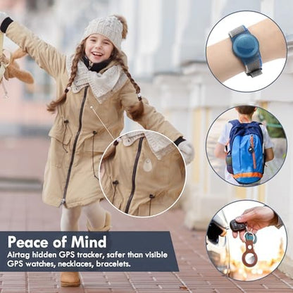 for Airtag Holder for Kids Hidden 4 Pack GPS Tracker Case, Anti-Removal for Airtag Silicone Case with Pins, Suitable for Children, Elderly, Pets, Backpack, Luggage(White, Blue)