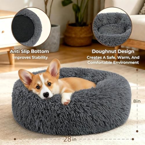 Calming Large Donut Dog and Cat Bed, Anti-Anxiety Round Soft Fluffy Plush Faux Fur Washable Anti-Slip Pet Bed for Medium Dogs Up to 35 lbs 28in Dark Gray