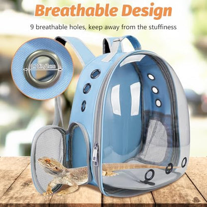 kathson Bearded Dragon Carrier with Harness and Leash Set, Large Reptile Travel Carrier Portable Lizard Backpack Clear Small Animals Carrying Bag for Gecko Hamster Rabbit Hedgehog Kitten (Blue)