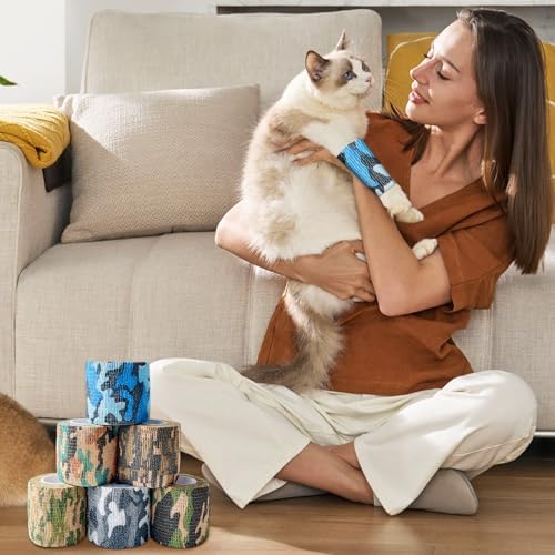 6 Pack 2 Inch x 5 Yards Camouflage Pet Vet Wrap for Dogs, Cats, Horses, Colorful Non-Woven Self-Adhesive Cohesive Bandage Rolls Set for Wound Care, Ankle Sprains, Swelling, and First Aid Protection