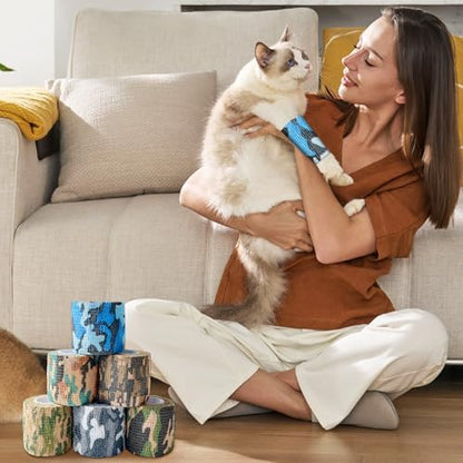 6 Pack 2 Inch x 5 Yards Camouflage Pet Vet Wrap for Dogs, Cats, Horses, Colorful Non-Woven Self-Adhesive Cohesive Bandage Rolls Set for Wound Care, Ankle Sprains, Swelling, and First Aid Protection