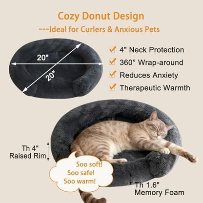 Calming Dog & Cat Beds with Orthopedic Egg-Crate Foam Raised Rim, Soft Fluffy Faux Fur Pet Bed for Small Medium Dogs, Anxiety Relief Spine Support, Machine Washable (Round, Dark Grey 20")