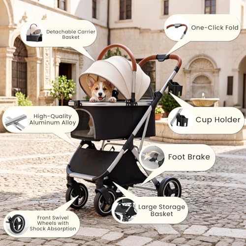 Dog Strollers for Small Medium Dogs Cats 44 lbs,3-in-1 Detachable Pet Carrier Stroller,4 Wheels One-Hand Fold Travel Carriage with Storage Basket,Pet Pad,Cup Holder,Khaki