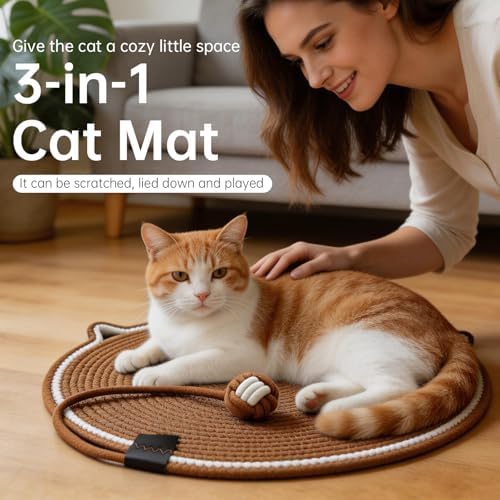 Round Cat Bed & Scratcher Mat Set, Instinct Handwoven Natural Cotton Rope Cat Basket with Soft Cushion, All-Season Indoor Pet Furniture Fit Cats Under 22 Lbs