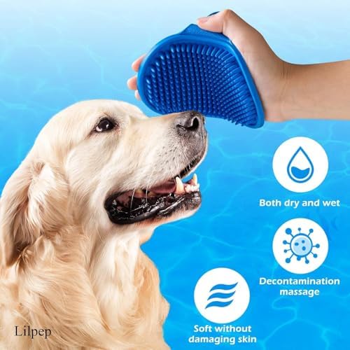 Dog Grooming Brush, Lilpep Pet Shampoo Bath Brush Soothing Massage Rubber Comb with Adjustable Ring Handle for Long Short Haired Dogs and Cats (Yellow, pack of 1)