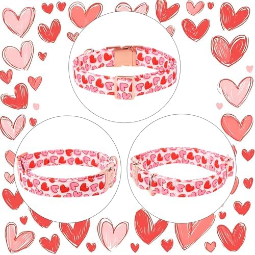 Valentines Dog Collar, Pink Heart Print Girl Dog Collars, Cute Valentine Puppy Collars, Adjustable Heavy Duty Pet Collar for Small Medium Large Dogs with Metal Buckle XL