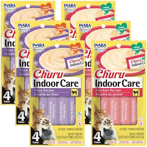 INABA Churu for Cats, Functional, Creamy Lickable Purée Cat Treat for Indoor Care and Hairball Control, 0.5 Ounces Each, 24 Tubes (4 per Pack), 2 Flavor Tuna and Chicken Variety Pack
