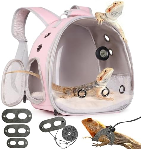 Reptile Travel Backpack Carrier with Reptile Thermometer and Humidity Gauge & Harness Leash Lizard Travel Cage Space Capsule Clear Bubble Window Astronaut Bearded Dragon Bag for Ball Python