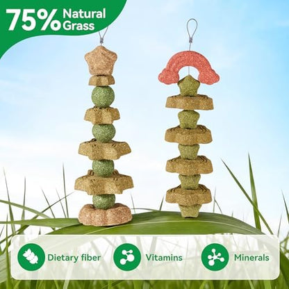 2 Pack Rabbit Chew Toys Bunny Treats, Prevent Teeth Overgrowth, Chew Toys for Guinea Pig/Hamster, Made with Timothy Hay & Vegetables for Rodent Pets, Small Animal Toys