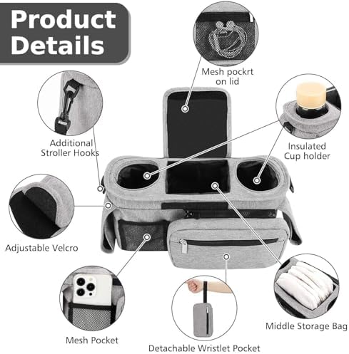 Universal Stroller Organizer with Insulated Cup Holder Detachable Phone Bag and Carry Strap Fits Uppababy, Baby Jogger, Britax, BOB, Umbrella and Pet Stroller and more (Light gray)