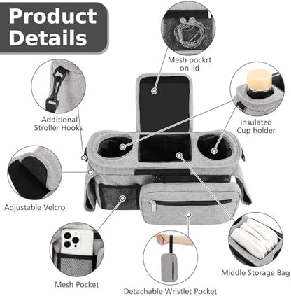Universal Stroller Organizer with Insulated Cup Holder Detachable Phone Bag and Carry Strap Fits Uppababy, Baby Jogger, Britax, BOB, Umbrella and Pet Stroller and more (Light gray)