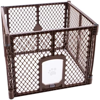MyPet North States Petyard Passage: 4-Panel Folding Dog Playpen Indoor or Outdoor. 7 sq. ft. Puppy Playpen, Lockable Pet Door. Freestanding Play Pen Dog Gate. Made in USA. 26" Tall, Brown