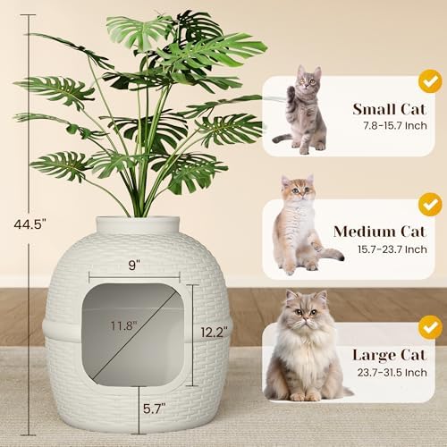 FansaFurn Hidden Litter Box with Faux Plant, Large Cat Litter Box with Rattan Pattern, Heavy Duty PP Material Litter Box Enclosure Furniture for Home Decor, Light Grey