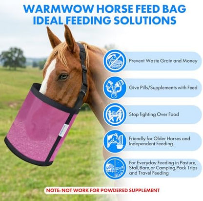Horse Feed Bag Pack of 2 (Reinforced Bottom Edging), Feed Bags for Horses with Ventilation Mesh, Comfort Nose Pad Neck Pad, Adjustable Strap, Spill Proof Design for Feeding Grain, Supplements