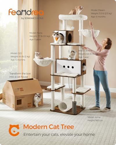 Feandrea Cat Tree, 75.6-Inch Multi-Level Condo with 2 Caves, 2 Hammocks